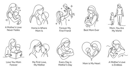 Obraz premium Minimalist mother and child line art collection with loving family moments, motherhood quotes, parenting illustrations and elegant outline designs for Mother’s Day celebration concept