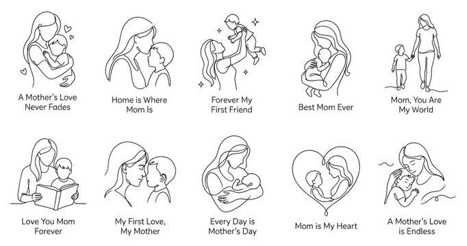 Minimalist mother and child line art collection with loving family moments, motherhood quotes, parenting illustrations and elegant outline designs for Mother&rsquo;s Day celebration concept