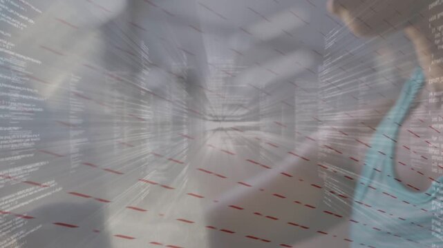 Woman reaching screen and gripping bar, pedaling, radial code streaks rising around her for fitness
