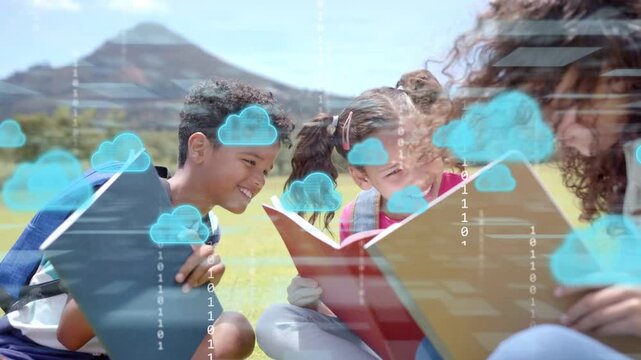 Education students studying on grass, pages turning causing cloud icons with binary lines growing