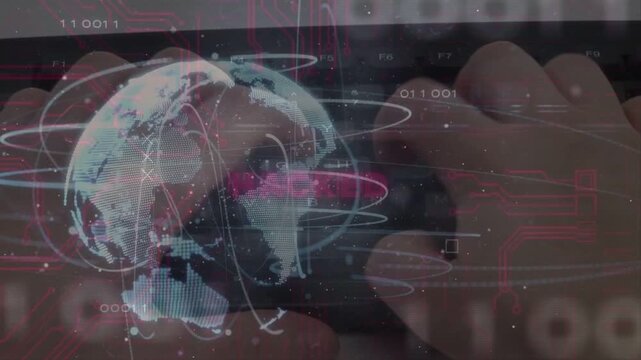 Hands typing on keyboard forming globe HACKED glowing rings orbiting digits scanning showing breach