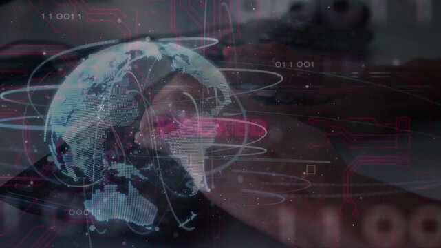 Hands starting typing, activating translucent globe rotating and pulsing HACKED to indicate breach