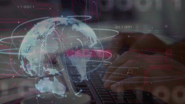 Initial keystroke starting holo globe while hands typing and HACKED text flashing, showing breach