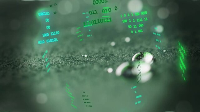 Green data columns rising, camera pulling back, droplets shifting right, blurring and showing grain