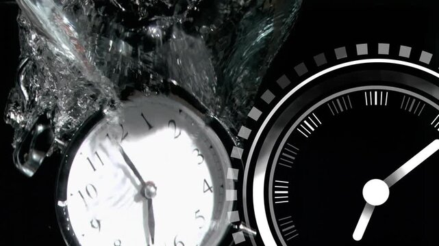 Metal alarm clock dropping into water on release, rotating and bubbling while syncing stylized dial