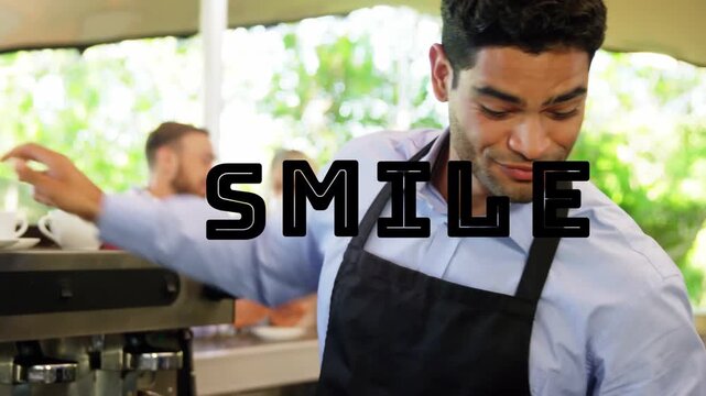 Coffee barista reaching espresso machine stacking cups and smiling SMILE overlay welcoming guests