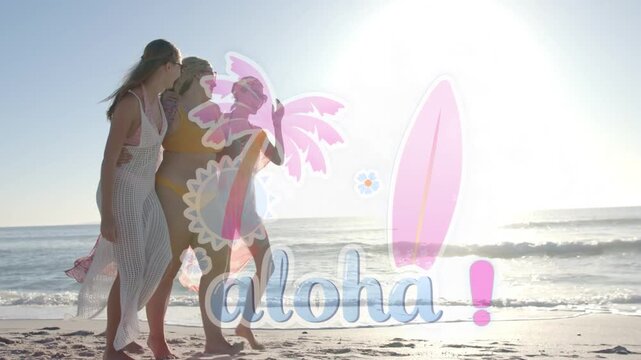 Sun drawing three friends linking arms walking toward sun for travel promo, aloha overlaying group