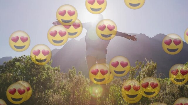Female hiker walking up scrub slope in travel clip, opening arms embracing sun, heart-eyes growing