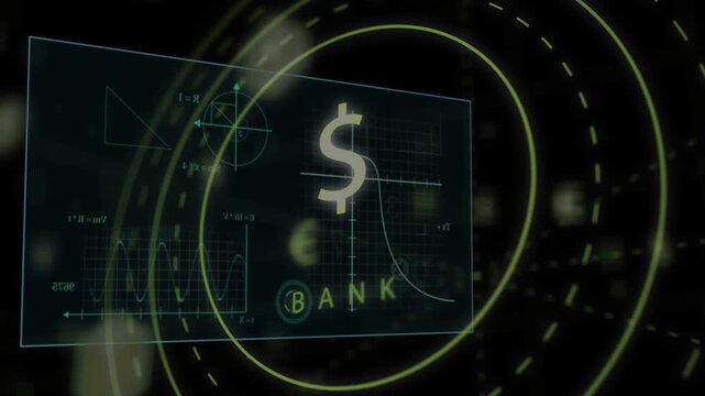 HUD centering dollar sign, rings reacting pentagon marker drifting, sliding panel showing BANK data