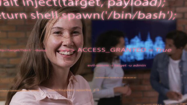 Camera panning, woman turning and smiling while team reviewing code overlay on laptop for security