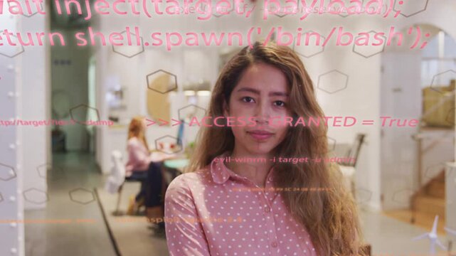 Woman approaching camera in tech office, pink code overlay appearing and granting access, smiling