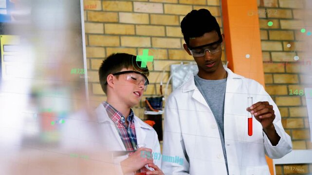 Left student talking, holding flask; right lifting test tube while overlays marking lab results
