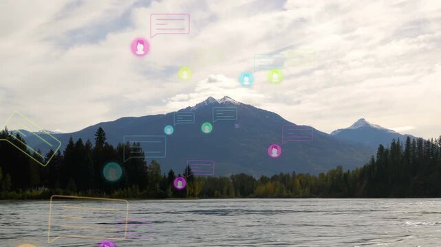 New avatars spawning at horizon, mountain ridge and lake hosting drifting bubbles, showing network