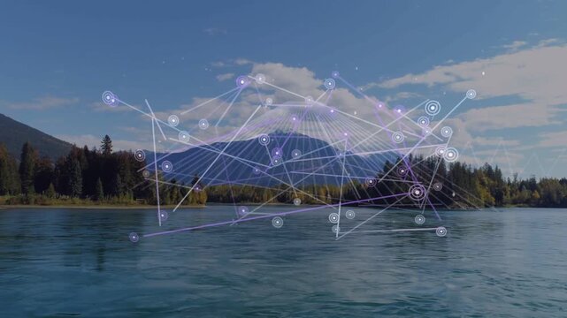 Faint network emerging over mountain and lake, nodes connecting and pulsing, visualizing terrain