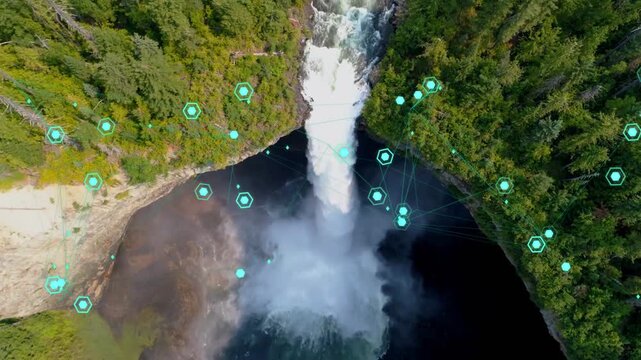 Vertical waterfall centering frame while drone descending and teal nodes activating mapping canopy