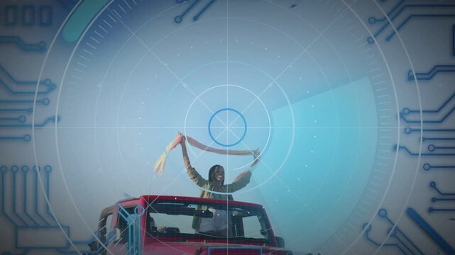 HUD reticle filling frame rider emerging via sunroof and waving scarf across reticle for auto tech