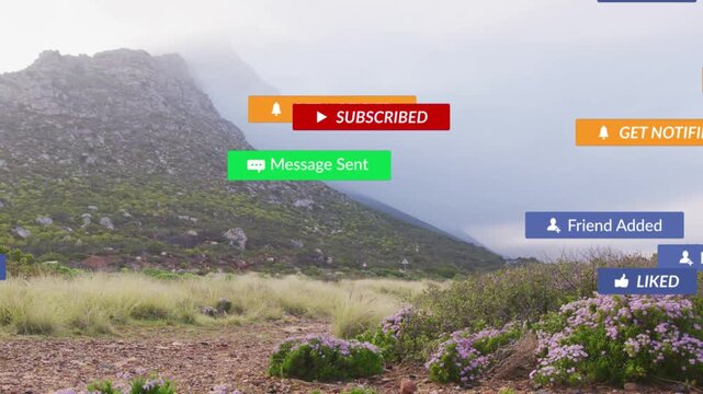 Playback starting, badges appearing over mountain, floating, clustering, fading to show engagement