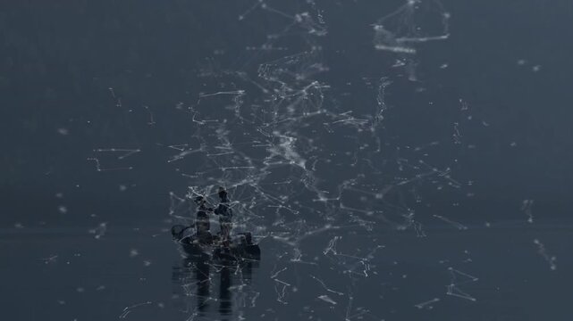Two anglers leaning as boat drifting, extending net to land catch particle net shifting over boat