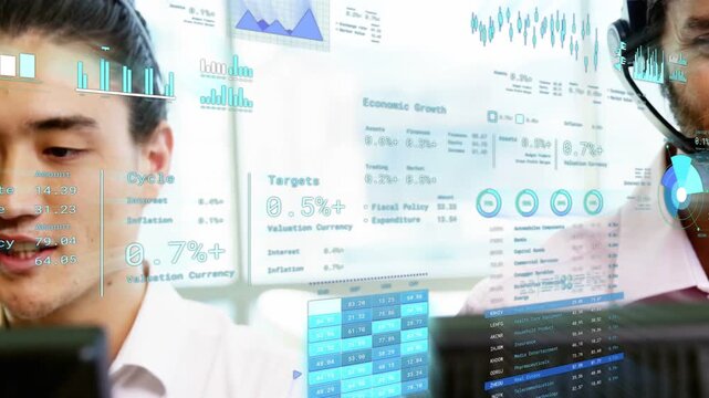Trader adjusting headset on alert peer monitoring screens while animated finance charts floating
