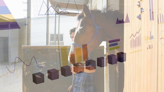 Equine tech opening stall door, leading horse out while AR charts overlaying scene, tracking health