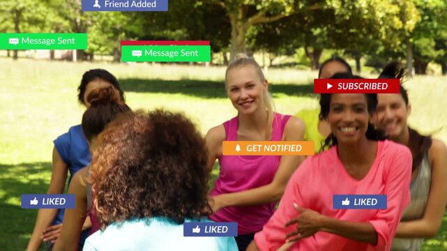 Woman leader starting arm routine in park, women mirroring for fitness as notifications increasing