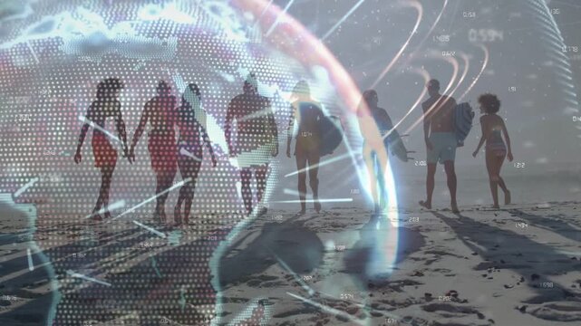 Eight friends entering right, walking sand with boards as tech globe drifting over, heading to surf