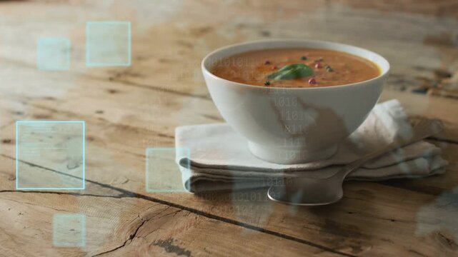 Translucent turquoise squares emerging left edge sliding over white soup bowl, visualizing data