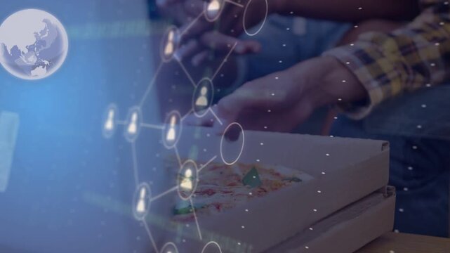 Three teens lifting box lid, sharing pizza while AR panel and avatar nodes expanding over hands