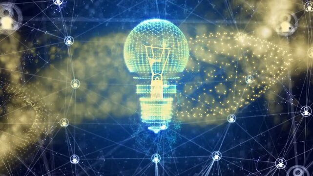 Golden ribbon starting flow, wireframe bulb forming and brightening, network pulsing to show idea
