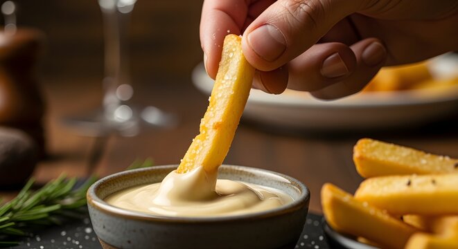 A hand dipping a crispy french fry into a side of gourmet truffle aioli, rustic setting.