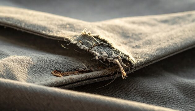 A close up view of a crudely mended fabric patch sewn onto heavily worn and torn material, highlighting the weathered texture and detailed stitching of a vintage textile repair job.