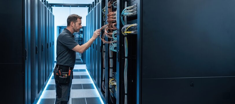 Focused data center specialist standing at end of cold aisle managing network cables