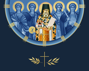 Obraz premium Saint Simeon Popovic (Dajbabe) and four cardinal points (Archangel Gabriel, Uriel, Raphael and Michael). Illustration in Byzantine style isolated
