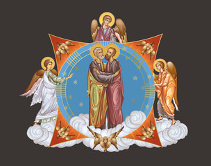 Obraz premium Saints Peter and Paul. Illustration in Byzantine style with angels and seraphim