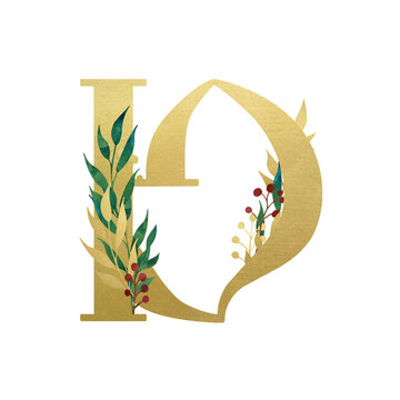 Golden Latin letter D in vintage church style with floral composition isolated