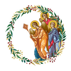 Obraz premium Decorative vintage floral wreath with angels, illustration in Byzantine style isolated