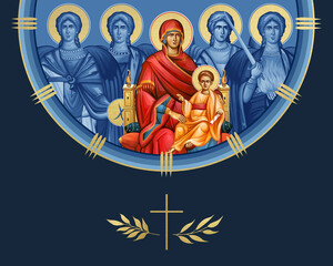 Obraz premium Blessed Virgin Mary and Jesus Christ sitting on throne with four cardinal points (Archangel Gabriel, Uriel, Raphael and Michael). Illustration in Byzantine style isolated