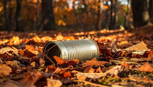 A dented and scraped metal tin can lying abandoned among dry autumn leaves on the forest floor, capturing the impact of human littering and waste on the natural environment and ecosystems.