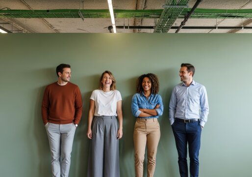 Group of diverse young colleagues laughing and talking against a green wall