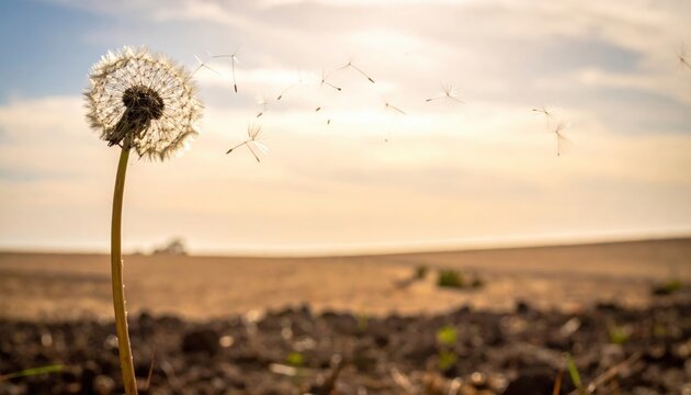 A single resilient dandelion head with its white seeds being dispersed by a gentle breeze across a warm sunlit field during the golden hour of a calm afternoon.