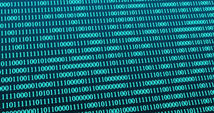 A panning video of a blinking blue binary code technology concept
