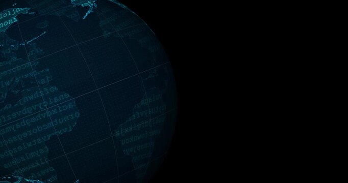 A blue neon tech earth globe at the left side of the screen with a word code blinking and a black background