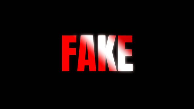 Simple animation text showing the word FAKE in bold red on black background, clean strong typography for misinformation concept, scam alert, or quiz result display.