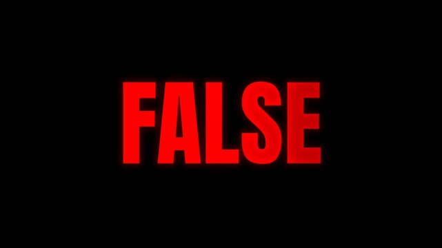 Simple animation text showing the word FALSE in bold red on black background, clean modern typography for fact checking, error alert, or quiz result display.