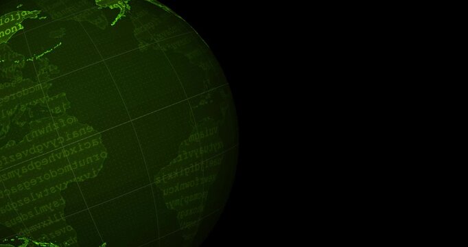A green neon tech earth globe at the left side of the screen with a word code blinking and a black background