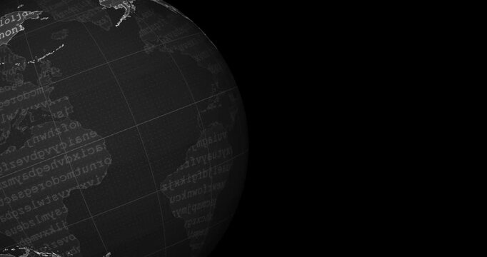 A grey tech earth globe at the left side of the screen with a word code blinking and a black background