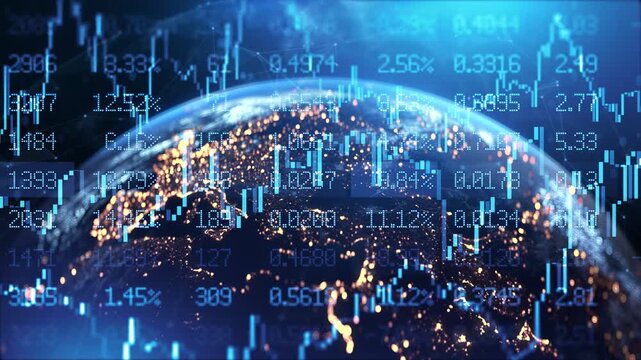 Global Financial Currency Exchange Network. Stock Market Chart Prices, Financial Indexes Graph. Earth Fintech Data Visualization, Digital Money Transfer. World Trade. Cryptocurrency and stocks trading
