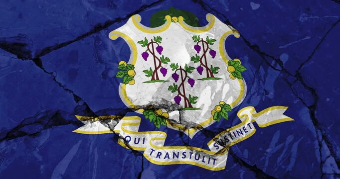 A panning video of a cracked wall with The connecticut state flag of the United States of America