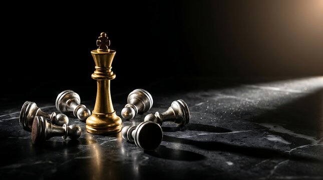 Golden chess queen, standing alone, defeated silver pieces, black marble board, strategy concept