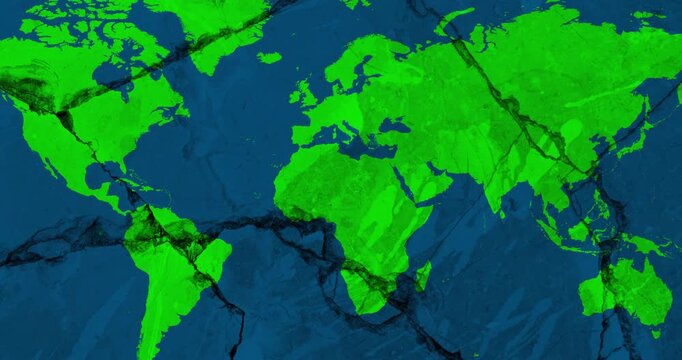 A zoom out video with a green world map over a blue cracked wall
